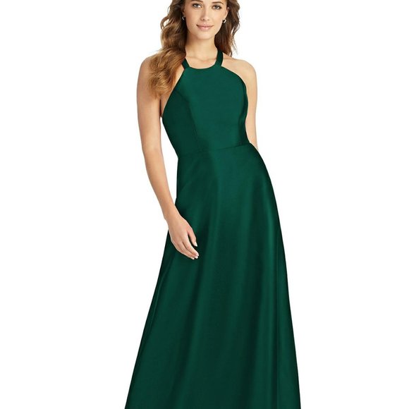 Alfred Sung D763..Full length, Halter, Lace-up Back, Satin Dress..Hunter..Size 8 - Picture 1 of 6